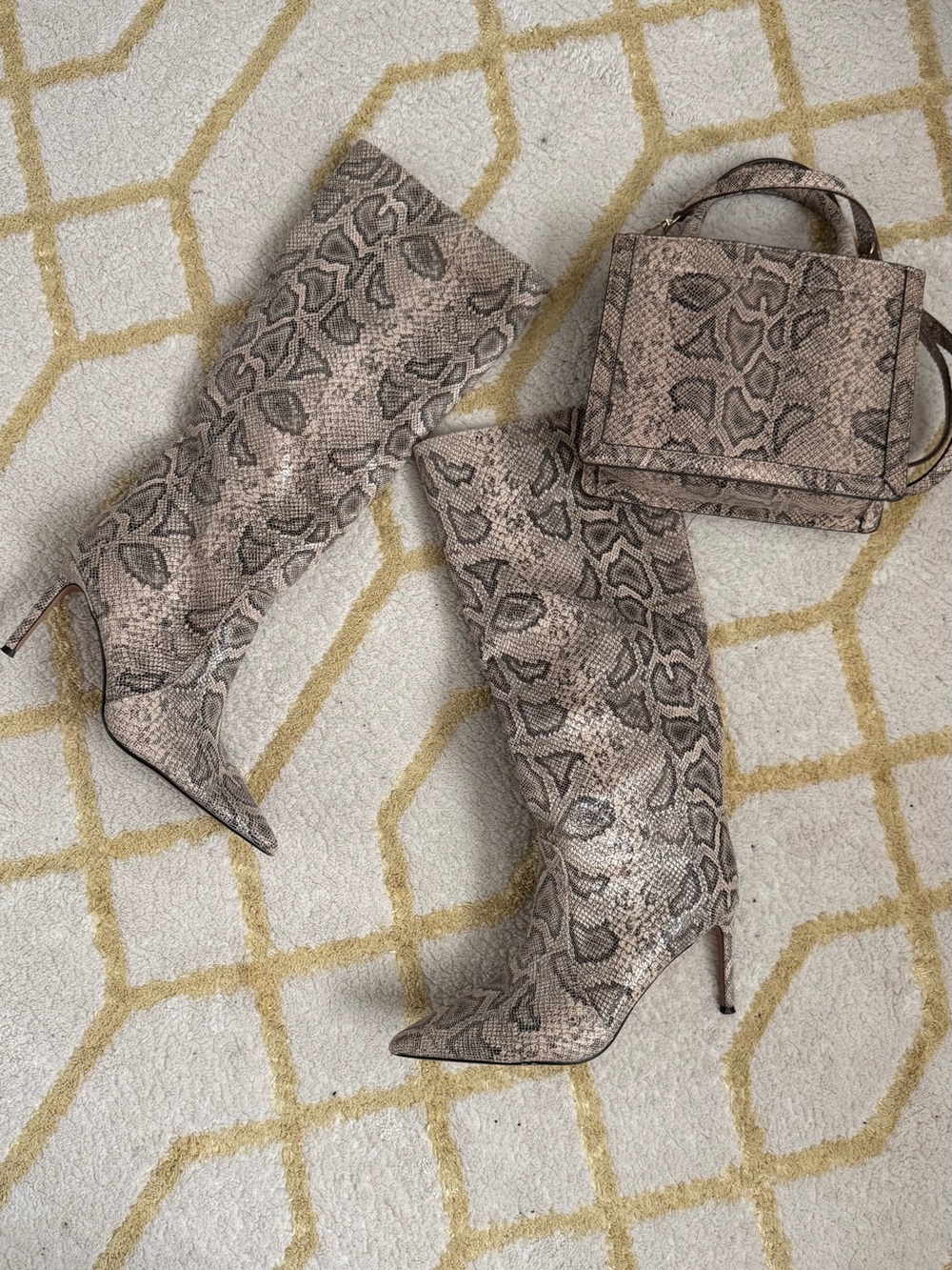 Snake-Print Knee-High Stiletto Boots - Beige - Picture 2 of 12